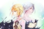  1boy 1girl bare_shoulders blonde_hair detached_wings dress eien_no_shounen green_eyes grey_hair lost lost-ko pointy_ears red_eyes shishiyon short_hair sleeveless sleeveless_dress smile sound_horizon white_dress white_hair wings 