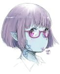  1girl blue_skin collared_shirt face forked_tongue from_side glasses looking_at_viewer looking_to_the_side monster_girl nukomasu original pink-framed_eyewear pointy_ears portrait purple_hair scales shirt short_hair slit_pupils solo tongue tongue_out under-rim_eyewear violet_eyes white_shirt wing_collar 