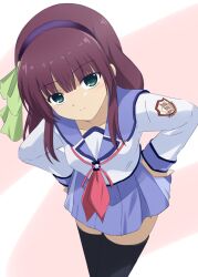  1girl angel_beats! black_hairband black_thighhighs blue_skirt blunt_bangs bow closed_mouth commentary cowboy_shot eyes_visible_through_hair frown green_bow green_eyes hair_bow hairband hands_on_own_hips highres lelie_(lelie_link) light_blush long_sleeves looking_at_viewer medium_hair miniskirt nakamura_yuri neckerchief pink_background pink_neckerchief pleated_skirt purple_hair shinda_sekai_sensen_uniform shirt sidelocks simple_background skirt solo straight_hair thigh-highs upturned_eyes white_shirt zettai_ryouiki 
