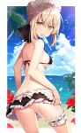  1girl apron artoria_pendragon_(all) artoria_pendragon_(swimsuit_rider_alter) ass bangs bare_arms bare_back beach bikini black_bikini blonde_hair blue_sky braid breasts clouds contrapposto cowboy_shot day eating eyebrows_visible_through_hair fate/grand_order fate_(series) flower food french_braid frilled_bikini frilled_skirt frills from_behind hair_ribbon hibiscus horizon lace lace-trimmed_bikini lace_trim leg_garter lens_flare looking_at_viewer looking_back maid_headdress medium_breasts mouth_hold ocean outdoors palm_tree petals popsicle ribbon rin_yuu saber_alter short_hair sideboob sidelocks signature skirt sky solo summer swimsuit tree water yellow_eyes 