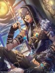  1boy arm_belt artist_name belt bracer brown_pants candle dagger dutch_angle eyepatch fingerless_gloves gloves hood inside jewelry looking_at_viewer male_focus moon necklace open_mouth original pants silver_hair sitting tanzzi violet_eyes watermark weapon web_address window 