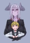  1boy 1girl :d black_jacket black_neckwear black_vest blonde_hair blue_background bow bowtie breasts closed_mouth commentary_request dragon_horns grin hair_between_eyes horns jacket large_breasts long_sleeves looking_at_viewer nukomasu open_mouth original pink_eyes purple_skin scales shirt silver_hair simple_background slit_pupils smile vest white_shirt 