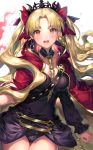  1girl bangs black_dress black_leotard blonde_hair blush breasts cape chains collarbone detached_collar dress earrings ereshkigal_(fate/grand_order) fate/grand_order fate_(series) hair_ribbon hips jewelry leotard long_hair looking_at_viewer medium_breasts open_mouth parted_bangs red_cape red_eyes red_ribbon ribbon senchat simple_background single_sleeve skull solo sparkle tiara tohsaka_rin two_side_up white_background 