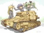  3girls anchovy anzio_(emblem) anzio_military_uniform black_hair blonde_hair braid carpaccio carro_veloce_cv-33 drill_hair emblem girls_und_panzer green_eyes ground_vehicle long_hair military military_vehicle motor_vehicle multiple_girls ohyo pepperoni_(girls_und_panzer) tank 