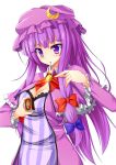  1girl absurdly_long_hair blue_bow blush bow breasts cigarette cleavage cookie_(touhou) crescent hair_bow highres large_breasts long_hair long_sleeves looking_away matchbox matchstick parted_lips patchouli_knowledge purple_hair red_bow solo szk taisa_(cookie) touhou very_long_hair violet_eyes 