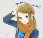  1girl :d blue_eyes blue_jacket blue_neckwear blush brown_hair commentary_request dated english followers grey_background hair_ornament hairclip hand_up highres index_finger_raised jacket looking_at_viewer neckerchief open_mouth orange_scarf original sako_(user_ndpz5754) scarf shirt signature simple_background smile solo thank_you upper_body white_shirt 