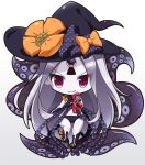  1girl :d abigail_williams_(fate/grand_order) black_bikini_bottom chibi commentary_request fate/grand_order fate_(series) gradient gradient_background hat holding long_hair looking_at_viewer open_mouth shachoo. silver_hair simple_background smile smirk solo stuffed_toy tentacle v-shaped_eyebrows violet_eyes white_skin witch_hat 