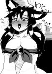  1girl absurdres animal_ears bangs bare_shoulders blush breasts breath brooch cleavage collarbone commentary_request drooling fangs greyscale heart heart-shaped_pupils heart_in_mouth highres himajin_no_izu imaizumi_kagerou jewelry large_breasts long_hair monochrome nose_blush open_mouth petting saliva sidelocks simple_background solo_focus sweat symbol-shaped_pupils tail_wagging touhou upper_body white_background wolf_ears 