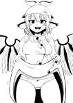  1girl :d absurdres animal_ears blush breasts commentary_request cowboy_shot erect_nipples gluteal_fold greyscale hat highres himajin_no_izu juliet_sleeves lifted_by_self long_sleeves looking_at_viewer medium_breasts monochrome mystia_lorelei open_mouth panties puffy_sleeves short_hair simple_background smile solo touhou underwear white_background wings 