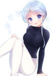  1girl :d ahoge arm_at_side arm_support bangs black_shirt blue_eyes blue_hair blush breasts commentary eyebrows_visible_through_hair hand_on_own_knee head_tilt large_breasts long_sleeves looking_at_viewer open_mouth original pants shirt short_hair_with_long_locks sidelocks sitting smile snowflakes solo usashiro_mani white_background white_pants 