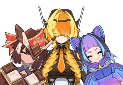  3girls :3 blonde_hair blue_hair brown_hair chocodan_(brown_chocolate) goz-zz hat headphones kamen_rider kamen_rider_gavv kamen_rider_gavv_(series) kamen_rider_valen kamen_rider_vram multiple_girls necktie popping_gummy rider-tan simple_background sunglasses 
