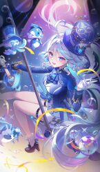  1girl ahoge ascot black_gloves blue_eyes blue_hair blue_jacket breasts furina_(genshin_impact) genshin_impact gentilhomme_usher gloves hair_between_eyes hat hayun heterochromia highres jacket long_hair long_sleeves looking_at_viewer mademoiselle_crabaletta medium_breasts open_mouth smile solo_focus surintendante_chevalmarin sword top_hat weapon 