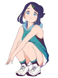  1girl black_hair blue_eyes blue_hair bluearcadegames closed_mouth cowlick eyelashes hair_bun hair_ornament hairclip highres liko_(pokemon) looking_at_viewer multicolored_hair pokemon pokemon_(anime) pokemon_horizons shirt shorts simple_background sleeveless smile white_background 