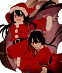  1boy 1girl :d animal_ears antlers belt black_hair brother_and_sister christmas commentary_request demon_archer fate/grand_order fate_(series) fur_trim hat hat_removed headwear_removed hiiragi_fuyuki hug jacket kemonomimi_mode koha-ace long_hair long_sleeves looking_at_viewer oda_nobukatsu_(fate/grand_order) open_mouth pants pom_pom_(clothes) red_eyes red_hat red_jacket red_pants sack santa_costume santa_hat siblings simple_background smile sweatdrop white_background 