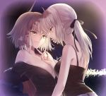  2girls against_tree ahoge artoria_pendragon_(all) breasts camisole cleavage closed_mouth eyebrows_visible_through_hair fate/grand_order fate_(series) fur_trim hair_ribbon hand_on_another&#039;s_mouth jeanne_d&#039;arc_(alter)_(fate) jeanne_d&#039;arc_(fate)_(all) kazucha light_brown_hair low_ponytail medium_breasts multiple_girls night off_shoulder outdoors ribbon saber_alter short_hair small_breasts smirk tree yellow_eyes yuri 