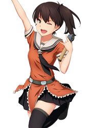  1girl 4690_(tkpbsk) black_legwear black_neckwear black_skirt brown_eyes brown_hair cosplay kaga_(kantai_collection) kantai_collection microphone naka_(kantai_collection) naka_(kantai_collection)_(cosplay) one_eye_closed open_mouth orange_shirt pleated_skirt school_uniform serafuku shirt side_ponytail simple_background skirt solo thigh-highs white_background white_sailor_collar 