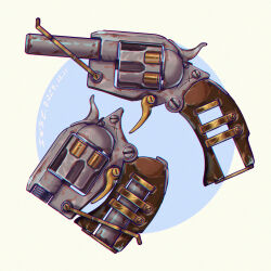  artist_name blue_background chinese_commentary chromatic_aberration commentary_request dated english_commentary gun handgun highres iwse_zhang mixed-language_commentary multiple_views no_humans original revolver rust signature simple_background still_life weapon weapon_focus 