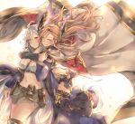  2girls ^_^ ahoge belt blonde_hair blush braid brown_hair cape closed_eyes granblue_fantasy hair_ornament hug hug_from_behind limitless_skye microskirt multiple_girls navel pouch silva_(granblue_fantasy) silver_hair skirt smile song_(granblue_fantasy) strap yuri 