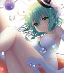  1girl air_bubble alternate_costume bare_legs bare_shoulders black_hat breasts bubble closed_mouth dress green_eyes green_hair hat knees_up komeiji_koishi looking_at_viewer medium_breasts mini_hat shikitani_asuka simple_background smile solo third_eye touhou white_background white_dress 