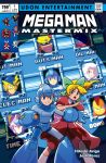  1boy 1girl android arm_cannon blonde_hair blue_eyes commentary cover cover_page dress earrings green_ribbon hair_ribbon helmet jewelry long_hair marvel parody pixel_art puffy_short_sleeves puffy_sleeves red_dress ribbon robert_porter rockman rockman_(character) rockman_(classic) roll short_sleeves weapon x-men 