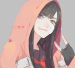  1girl akb48 bandaid bandaid_on_face bangs black_eyes black_gloves black_hair drawr fingerless_gloves gloves hand_gesture hood hoodie injury long_hair majisuka_gakuen nezumi_(majisuka_gakuen) nishihara_isao oekaki open_clothes open_hoodie red_pupils school_uniform serafuku solo 