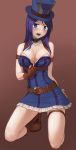  1girl arm_behind_back arm_strap bangs bare_shoulders belt belt_buckle blue_eyes blush boots breasts brown_background brown_footwear brown_gloves buckle caitlyn_(league_of_legends) cleavage dated dress dress_pull fingerless_gloves full_body gloves hat highres knee_boots kneeling large_breasts league_of_legends looking_at_viewer mr_yah nose_blush open_mouth parted_bangs pulled_by_self round_teeth signature simple_background solo strapless strapless_dress sweat teeth thigh_strap thighs top_hat underbust v-shaped_eyebrows 