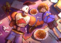 1boy 1other 2017 2d absurdres alternate_costume ambiguous_gender artist_name baseball_cap blue_pants blue_shorts blue_sweater bone book brown_hair cap digital_media duo figure floor food frisk_(undertale) from_above gloves hair hat highres human humanoid indoors looking_at_another lying male medibang_paint_(medium) mittens monster monster_boy mozer official_alternate_costume on_floor pants papyrus_(undertale) plate red_gloves red_mittens short_hair shorts skeleton spaghetti striped_clothes striped_shirt striped_sweater sweater talking teeth undead undertale unworn_hat unworn_headwear utdr_(toby_fox)