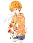  1boy apple bag blush character_name crying dodam_v doubutsu_no_mori food fruit heart leaf male_focus open_mouth orange orange_hair paper_bag peach personification peter_(doubutsu_no_mori) simple_background solo upper_body white_background 