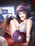  1girl bangs barefoot bird black_hair book bookshelf breasts fate/grand_order fate_(series) glasses hairband hijiri_tsukasa kotatsu large_breasts long_hair looking_at_viewer low_twintails niconico open_mouth osakabe-hime_(fate/grand_order) smile solo table twintails very_long_hair violet_eyes 