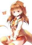 1girl absurdres blush brown_hair highres hood japari_symbol kanzakietc kemono_friends long_hair miniskirt necktie open_mouth orange_eyes sitting skirt snake_tail tail taipan_(kemono_friends) thigh-highs