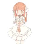  1girl bangs blade_(galaxist) blush bow commentary_request copyright_request cowboy_shot dress eyebrows_visible_through_hair fang hair_bow hands_up long_hair looking_at_viewer orange_bow orange_eyes orange_hair parted_lips short_sleeves simple_background solo white_background white_bow white_dress wrist_cuffs 