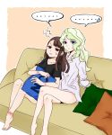  2girls anger_vein blonde_hair blue_eyes brown_hair commentary_request couch cup cushion diana_cavendish hickey kagari_atsuko little_witch_academia multiple_girls pout raisun red_eyes shirt sweatdrop teacup yes-no_pillow yuri 