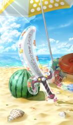 ball balloon_sword beach beach_umbrella beachball blue_sky clouds commentary conch day fate/grand_order fate_(series) food fruit horizon innertube light_rays no_humans object_focus ocean official_art outdoors sand scallop scimitar seashell shell sky star_(symbol) still_life summer sunbeam sunlight swim_ring sword tatsuyo third-party_source toy_sword umbrella water watermelon weapon 