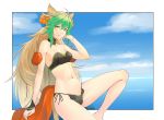  ahoge archer_of_red bikini blonde_hair blue_sky bracelet breasts clouds detached_collar fate/apocrypha fate_(series) flower green_eyes groin hair_flower hair_ornament hand_in_hair highres hikichi_sakuya jewelry long_hair looking_at_viewer multicolored_hair navel outside_border side-tie_bikini sky small_breasts smile spread_legs swimsuit thighs white_border 