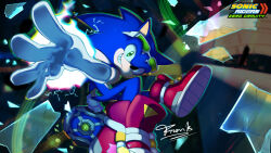 1boy absurdres blue_fur body_fur boots broken_glass copyright_name eyewear_on_head frank_0000001 glass green_eyes highres holding hoverboard male_focus midair red_boots signature smirk solo sonic_(series) sonic_riders:_zero_gravity sonic_riders_(series) sonic_the_hedgehog