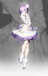  1girl alternate_costume bag coat dress fate/grand_order fate_(series) fur_trim handbag high_heels mash_kyrielight ongdal2 purple_hair short_hair violet_eyes white_coat 