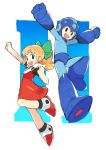  1boy 1girl android arm_cannon blonde_hair dress full_body green_eyes green_ribbon helmet highres kin_niku looking_at_viewer open_mouth ponytail red_dress ribbon robot rockman rockman_(character) rockman_(classic) rockman_11 roll smile weapon 