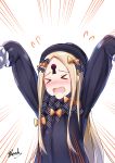  &gt;_&lt; 1girl abigail_williams_(fate/grand_order) absurdres arms_up bangs bee_doushi black_bow black_dress black_hat blonde_hair blush bow closed_eyes commentary_request dress emphasis_lines eyebrows_visible_through_hair fate/grand_order fate_(series) flying_sweatdrops hair_bow hat highres keyhole long_hair long_sleeves looking_at_viewer nose_blush orange_bow parted_bangs polka_dot polka_dot_bow signature sleeves_past_wrists solo very_long_hair white_background 
