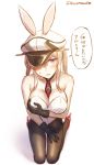 1girl adapted_costume animal_ears between_breasts black_gloves black_legwear blonde_hair blurry blush breasts cleavage collarbone depth_of_field embarrassed fake_animal_ears full_body gloves graf_zeppelin_(kantai_collection) hair_over_one_eye hat high_heels iron_cross jitome kantai_collection kneeling large_breasts leotard long_hair looking_at_viewer mika_(1020mk) necktie necktie_between_breasts open_mouth pantyhose peaked_cap rabbit_ears red_footwear sidelocks simple_background solo speech_bubble strapless strapless_leotard sweat translation_request twintails twitter_username violet_eyes white_background white_hat white_leotard 