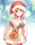  1girl :q blush christmas commentary_request cowboy_shot fur_trim grey_eyes hat kuga_tsukasa looking_at_viewer original red_hat santa_hat silver_hair solo standing sweater tongue tongue_out white_sweater 
