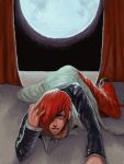  1boy constricted_pupils curtains full_moon hair_over_one_eye hand_in_hair looking_at_viewer male_focus moon pants parted_lips red_eyes redhead short_hair solo the_king_of_fighters top-down_bottom-up yagami_iori 