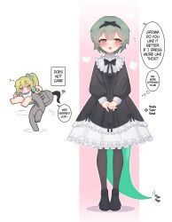  3boys bill_(black_souls) black_bow black_bowtie black_dress black_hairband black_shoes black_souls black_souls_2 bow bowtie dress english_text frilled_dress frills full_body green_hair grimm_(black_souls) hair_bow hairband helmet highres lolita_fashion long_sleeves multiple_boys otoko_no_ko puffy_long_sleeves puffy_sleeves serpent_god_(black_souls) shoes short_hair side_ponytail snake_tail speech_bubble sunggou tail thought_bubble 