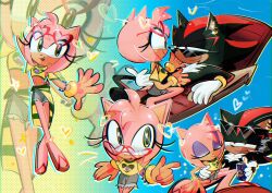  1boy 1girl absurdres alternate_costume amy_rose animal_ears animal_nose black_fur body_fur bracelet crop_top denim denim_shorts eyeshadow eyewear_on_head full_body furry furry_female furry_male gloves gold_bracelet green_eyes gwenimaru heart heart-shaped_eyewear hedgehog_boy hedgehog_girl hetero highres i_just_love_latinas_sonic_(meme) jewelry long_hair looking_at_another looking_at_viewer makeup meme multiple_views open_mouth pink_fur pink_hair purple_eyeshadow red-framed_eyewear red_eyes red_fur sandals shadow_the_hedgehog shirt short_tail shorts simple_background sitting smile sonic_(series) standing sunglasses tail tan two-tone_fur white_gloves yellow_shirt 