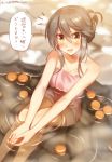  /\/\/\ 1girl :d alternate_hairstyle bare_arms bare_legs bare_shoulders bathing blush breasts brown_eyes brown_hair cleavage collarbone feet_out_of_frame folded_ponytail from_above haruna_(kantai_collection) kantai_collection knees_up long_hair looking_at_viewer looking_up medium_breasts mika_(1020mk) naked_towel onsen open_mouth own_hands_together partially_submerged sidelocks sitting smile solo speech_bubble steam stone towel translation_request twitter_username v_arms water 