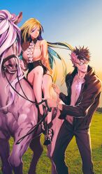  1boy 1girl animal black_boots black_hair black_jacket black_pants black_shorts blue_sky boots bracelet breasts brynhild_(fate) brynhild_(under_the_same_sky)_(fate) buttons center_frills closed_mouth colored_inner_hair commentary day fate/grand_order fate_(series) feet_out_of_frame floating_hair frills glasses grass green_hair hair_between_eyes high-waist_shorts holding holding_reins horse husband_and_wife jacket jewelry long_hair long_sleeves looking_to_the_side medium_breasts miwa_shirow multicolored_hair nature official_art open_clothes open_jacket outdoors pants photo_background reins semi-rimless_eyewear shirt short_hair shorts sidesaddle sigurd_(fate) sigurd_(under_the_same_sky)_(fate) sitting sky smile spiky_hair standing sunlight third-party_source two-tone_hair under-rim_eyewear very_long_hair white_hair white_shirt wing_collar zipper 