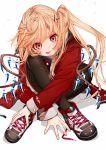  1girl alternate_costume bangs black_footwear black_legwear blonde_hair commentary_request contemporary flandre_scarlet full_body gotoh510 hair_ornament hairclip head_tilt highres hood hooded_jacket jacket knees_up legs_crossed long_hair long_sleeves looking_at_viewer pantyhose red_eyes red_jacket shoelaces shoes side_ponytail sitting smile solo tongue tongue_out touhou wings 