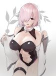  1girl absurdres bare_shoulders blush breasts cleavage cowboy_shot fate/grand_order fate_(series) fingernails hair_over_one_eye highres large_breasts leotard long_sleeves looking_at_viewer mash_kyrielight mitsudoue nail_polish navel navel_cutout one_eye_covered parted_lips pink_hair short_hair solo standing sweat thigh_gap undressing white_nails 