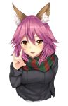  1girl animal_ears black_sweater blush breasts eyebrows_visible_through_hair fate/grand_order fate_(series) fox_ears green_scarf highres large_breasts long_hair long_sleeves looking_at_viewer multicolored multicolored_clothes multicolored_scarf open_mouth phano_(125042) pink_hair red_scarf scarf sketch smile solo sweater tamamo_(fate)_(all) tamamo_no_mae_(fate) upper_body yellow_eyes 