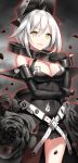  1girl bangs black_dress black_gloves breasts collar covered_navel cowboy_shot dress elbow_gloves elphelt_valentine girls_frontline gloves grey_hair guilty_gear guilty_gear_xrd hair_between_eyes hand_up highres looking_at_viewer marmoset_(marmoset0) medium_breasts open_mouth sangvis_ferri short_dress short_hair short_hair_with_long_locks silver_hair smile solo yellow_eyes 