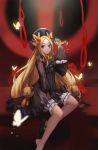  1girl abigail_williams_(fate/grand_order) bangs black_bow black_dress black_footwear black_hat blonde_hair bloomers blue_eyes bow butterfly closed_mouth commentary_request dress eyebrows_visible_through_hair fate/grand_order fate_(series) forehead hair_bow hands_in_sleeves hat head_tilt highres loading_(vkjim0610) long_sleeves looking_at_viewer mary_janes noose orange_bow parted_bangs polka_dot polka_dot_bow shoes single_shoe solo stuffed_animal stuffed_toy teddy_bear underwear white_bloomers 